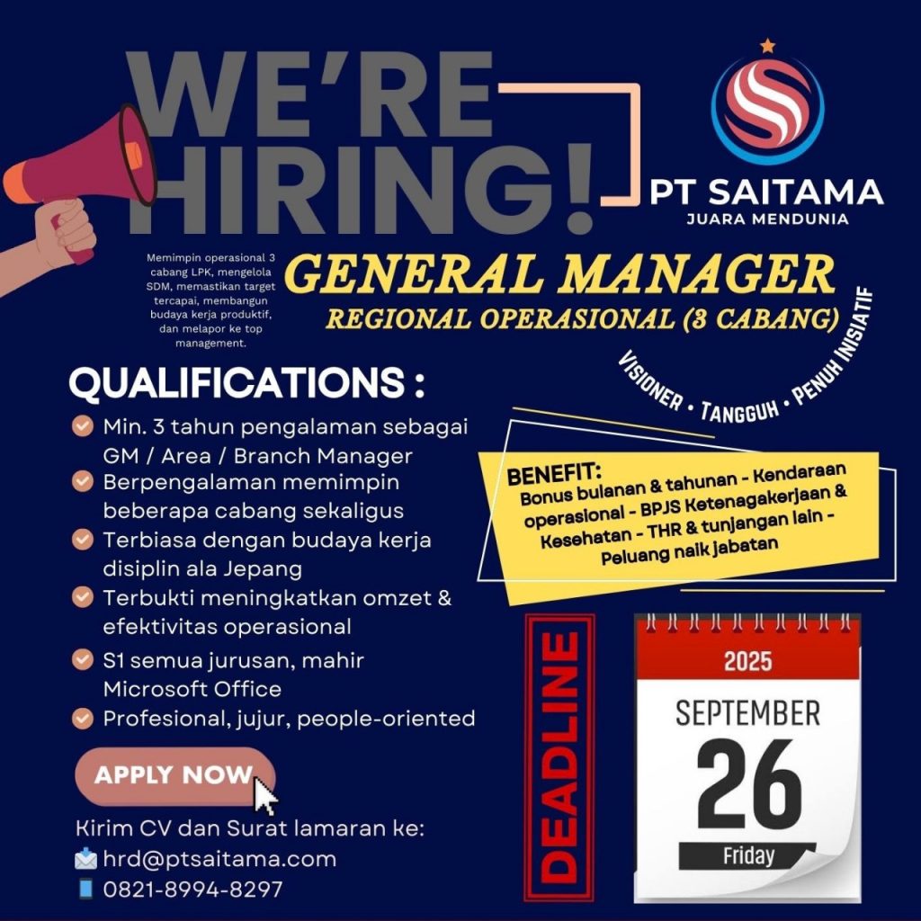 Tertarik Jadi Manager PT Saitama Isi Lowongan General Manager Ini Sekarang Juga